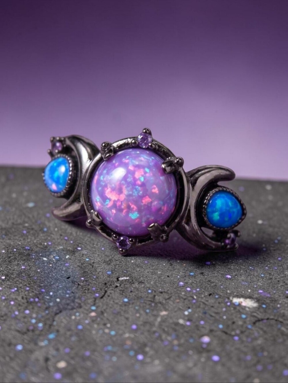 Triple Opal Moon Ring Purple Blue Black Gunmetal Whimsigoth Celestial Goddess, 6